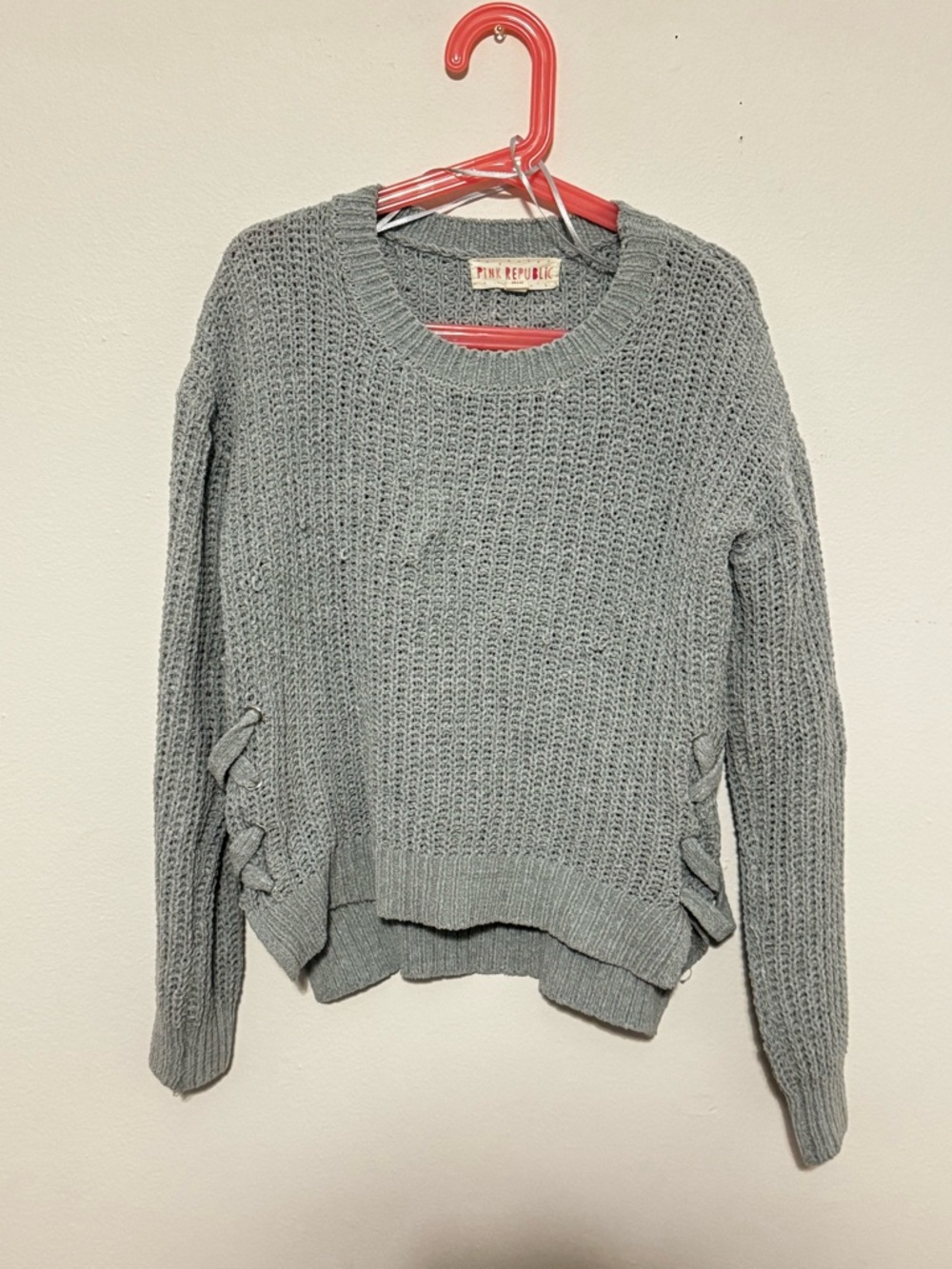 Pink Republic Light Gray Crewneck Knit Sweater with Side Lace-Up